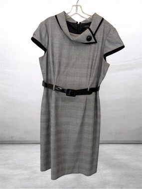 Tahari Gray Sheath Dress with Black Trim and Belt Cowl Neck Houndstooth Sz 14